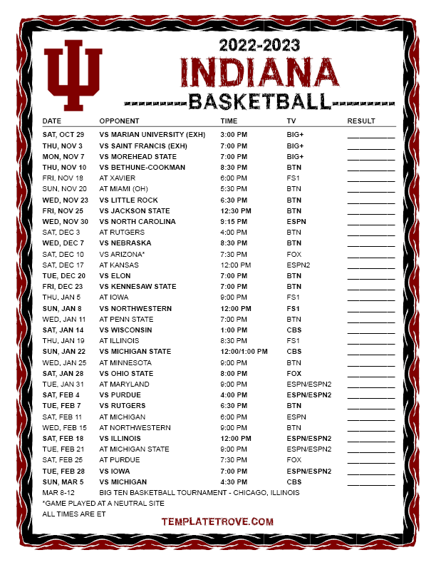 Printable 20222023 Indiana Hoosiers Basketball Schedule