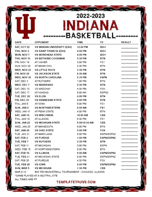Indiana Hoosiers Basketball 2022-23 Printable Schedule - Pacific Times