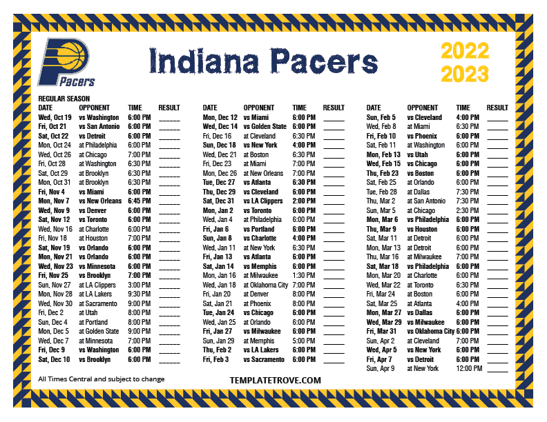 Printable 2022-2023 Indiana Pacers Schedule