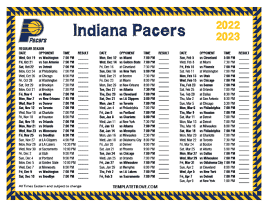 Indiana Pacers 2022-23 Printable Schedule