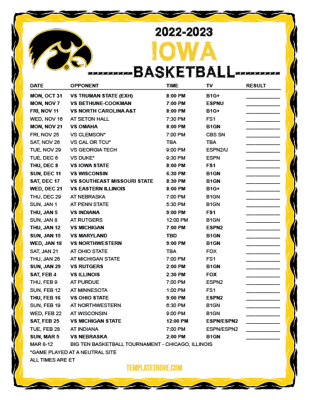 Printable 2022 2023 Iowa Hawkeyes Basketball Schedule