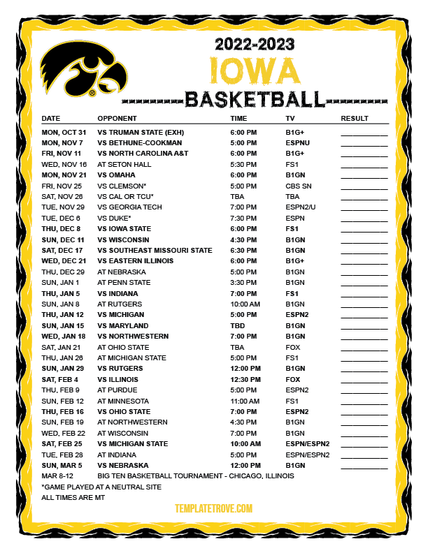 Printable 2022-2023 Iowa Hawkeyes Basketball Schedule