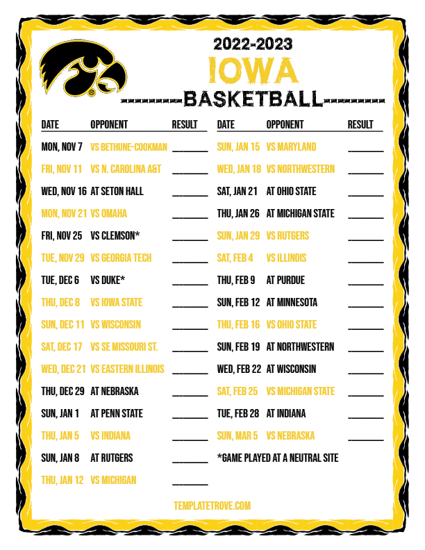 Iowa Basketball Schedule Printable