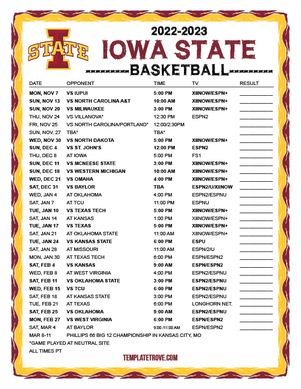 Printable 20222023 Iowa State Cyclones Basketball Schedule