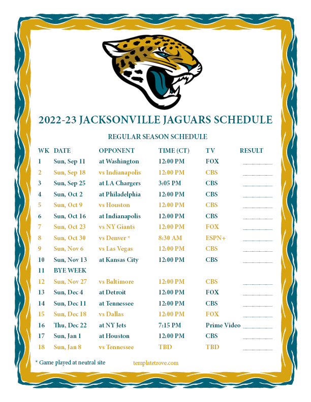 Printable 20222023 Jacksonville Jaguars Schedule