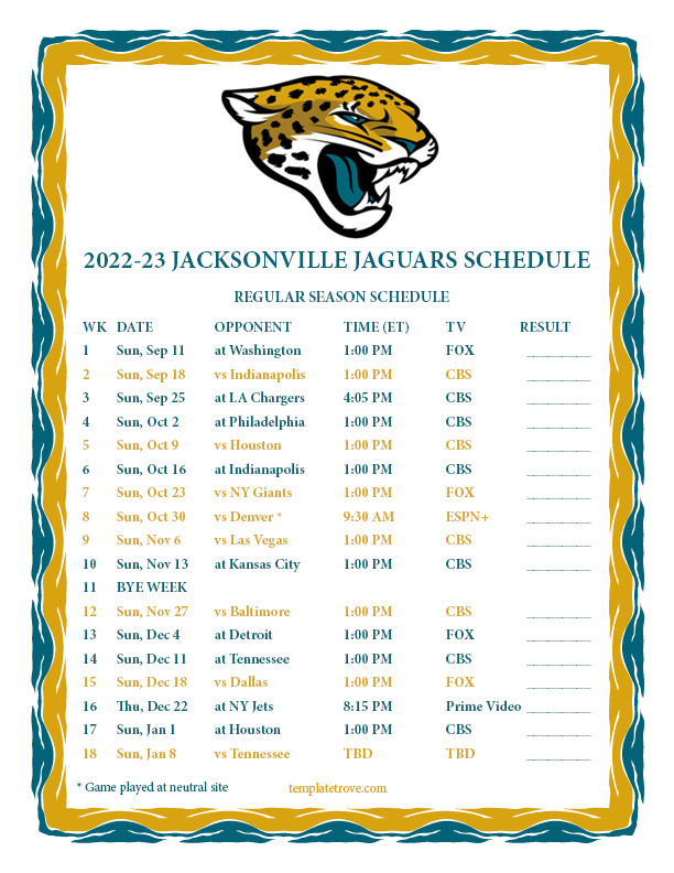 Printable 2022-2023 Jacksonville Jaguars Schedule
