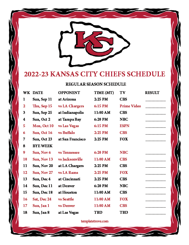 Printable 20222023 Kansas City Chiefs Schedule