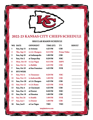 Kansas City Chiefs 2022-23 Printable Schedule