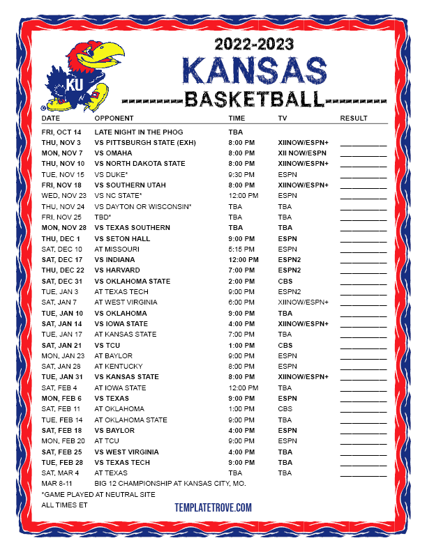 Printable 20222023 Kansas Jayhawks Basketball Schedule