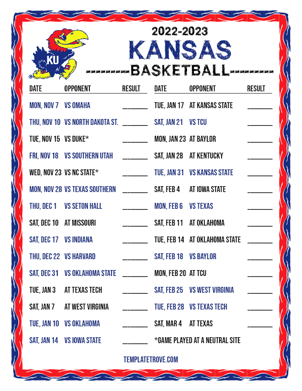 2022 2023 Printable Kansas Jayhawks Basketball Schedule 