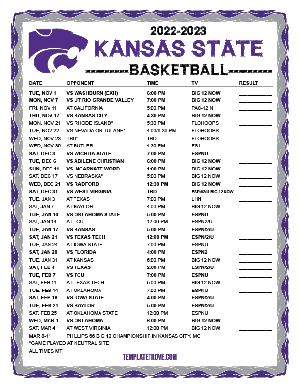 Printable 2022 2023 Kansas State Wildcats Basketball Schedule