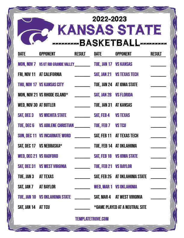 2022 2023 Printable Kansas State Wildcats Basketball Schedule 