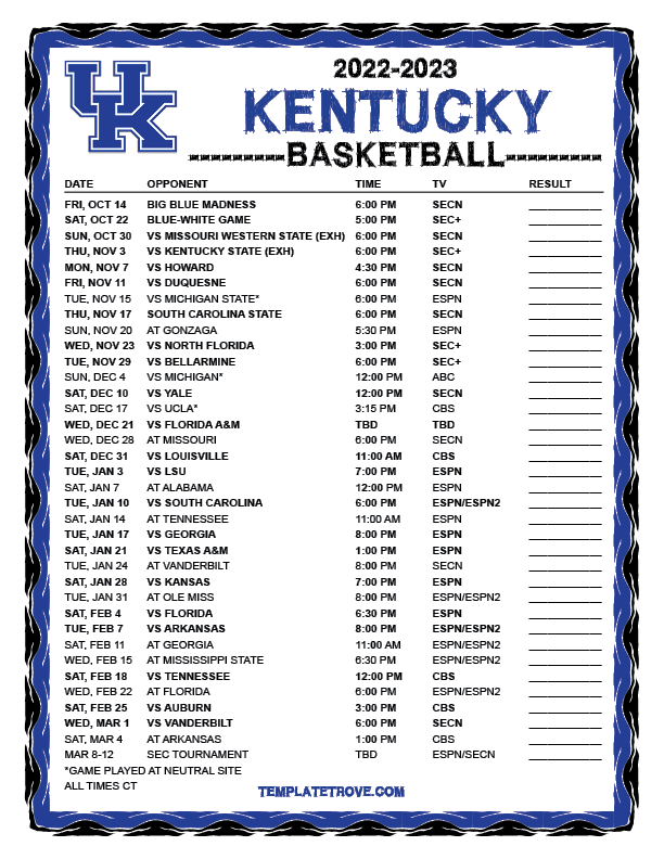 Printable 20222023 Kentucky Wildcats Basketball Schedule