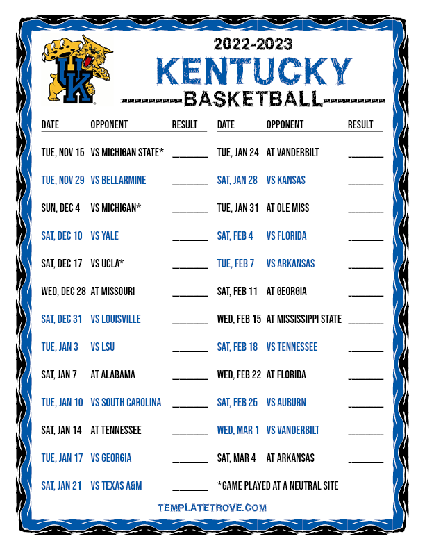 Uk Basketball Schedule Printable