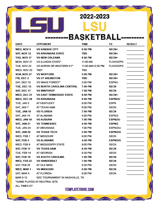 Printable 2022-2023 LSU Tigers Basketball Schedule