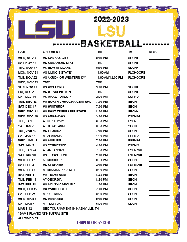 Printable 2022 2023 LSU Tigers Basketball Schedule