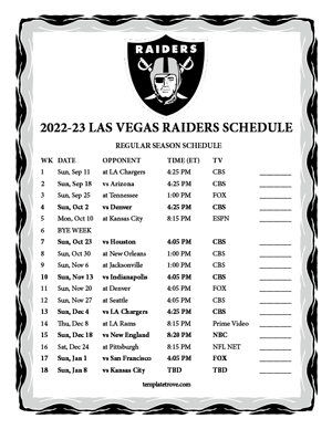 Las Vegas Raiders 2022-23 Printable Schedule