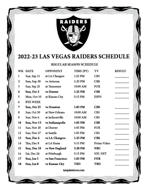 Las Vegas Raiders 2022-23 Printable Schedule - Pacific Times