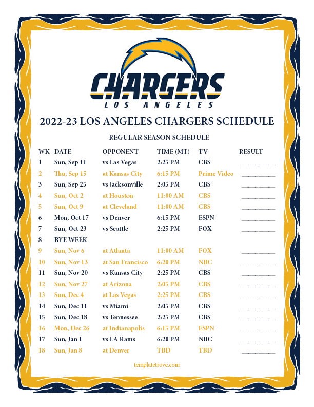 Printable 20222023 Los Angeles Chargers Schedule