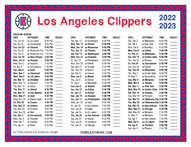 Printable 20222023 Los Angeles Clippers Schedule