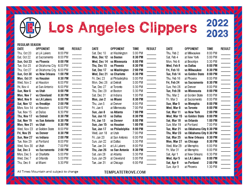 Printable 2022 2023 Los Angeles Clippers Schedule