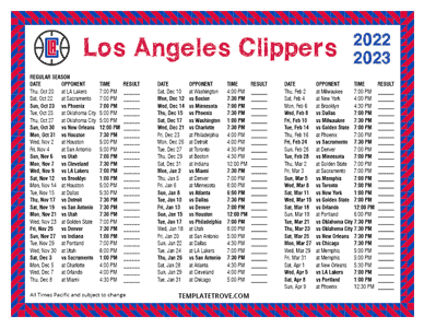 Los Angeles Clippers 2022-23 Printable Schedule - Pacific Times