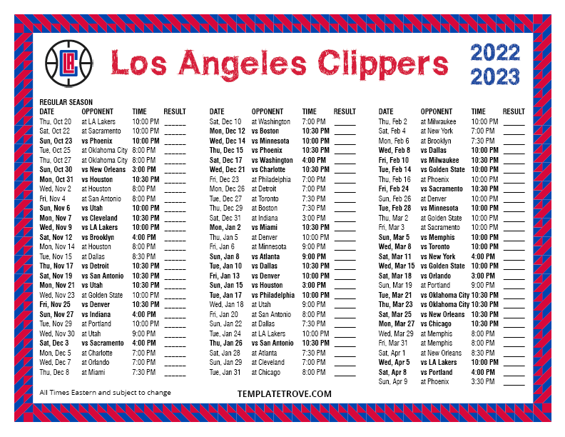 2022 2023 Printable Los Angeles Clippers Schedule 