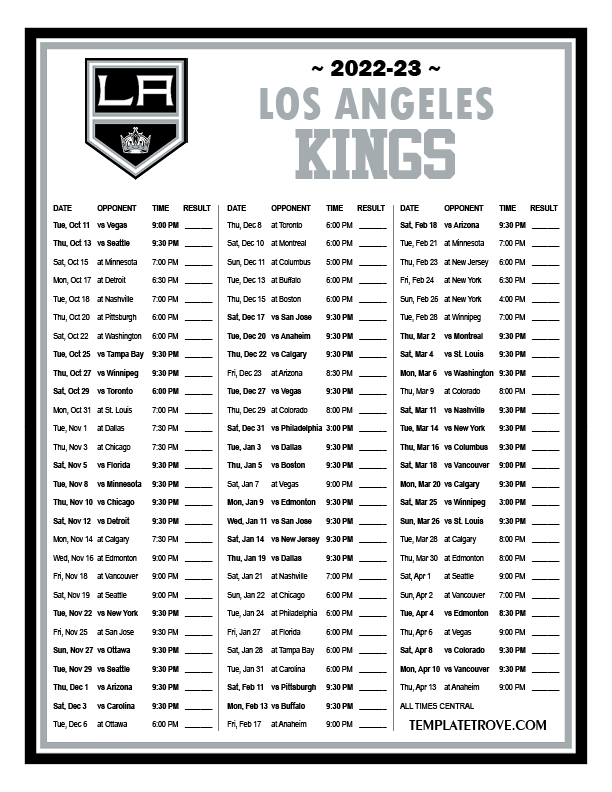 Printable 2022-2023 Los Angeles Kings Schedule