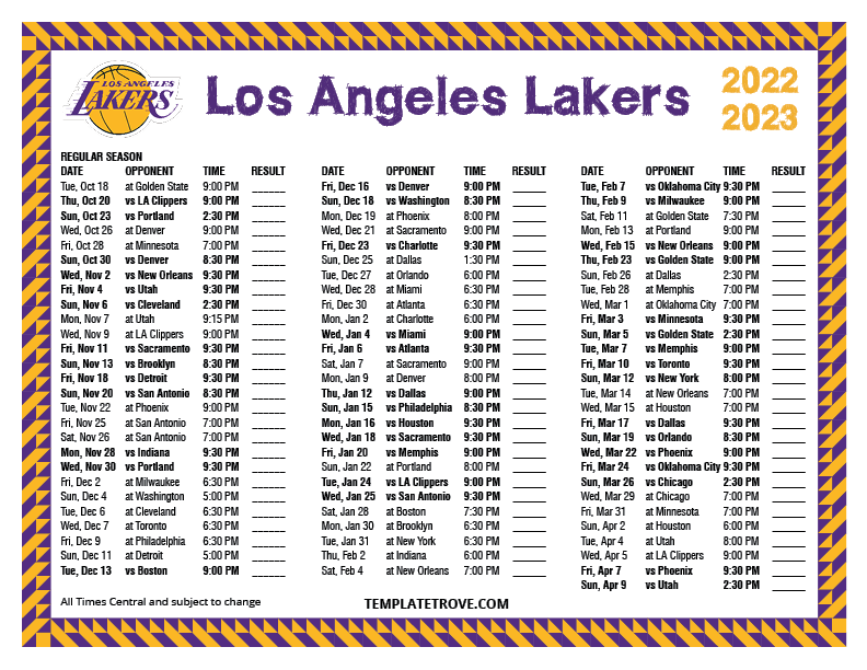 2022 2023 Printable Los Angeles Lakers Schedule Central Times 