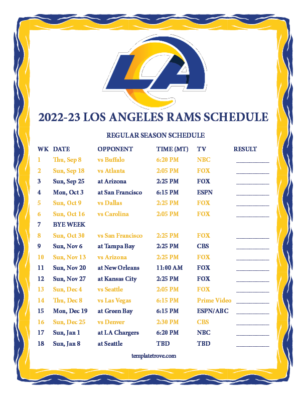 2022 2023 Printable Los Angeles Rams Schedule MT PNG 