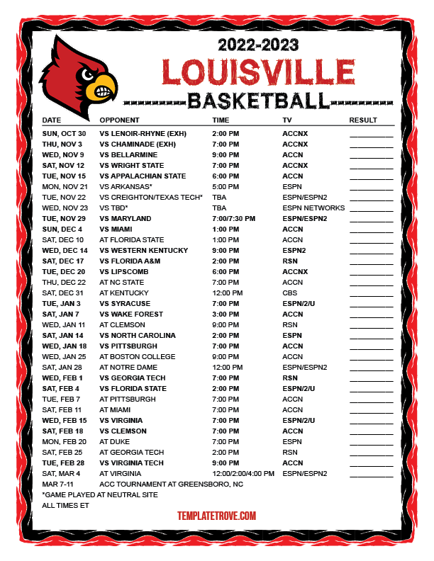 2022 2023 Printable Louisville Cardinals Basketball Schedule Full ET 