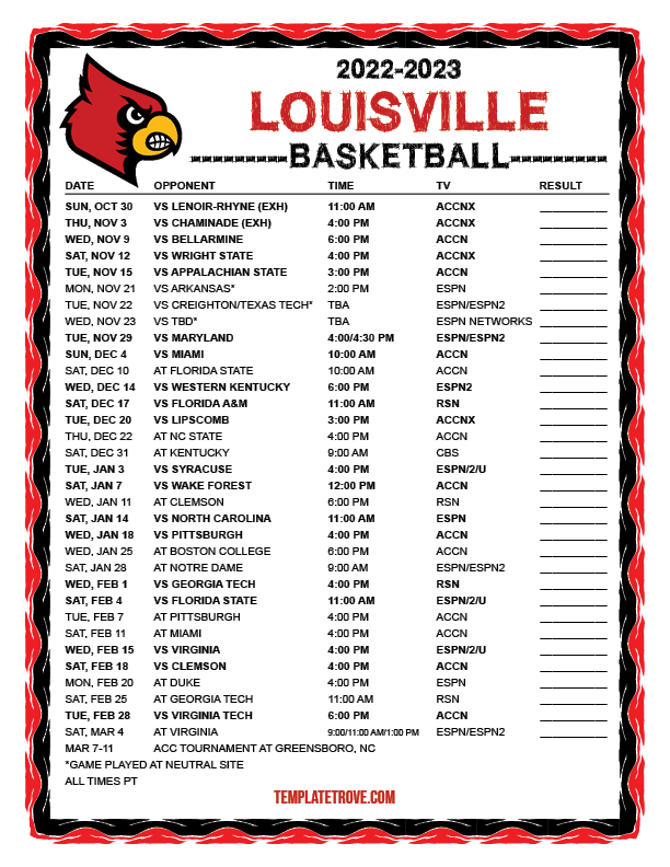 Printable 2022-2023 Louisville Cardinals Basketball Schedule