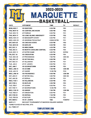 Marquette Golden Eagles Basketball 2022-23 Printable Schedule