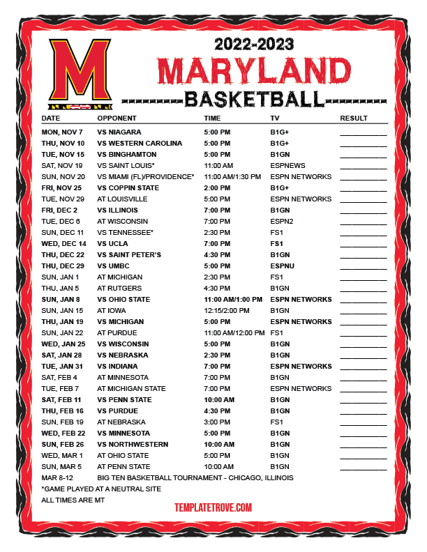 Printable 20222023 Maryland Terrapins Basketball Schedule