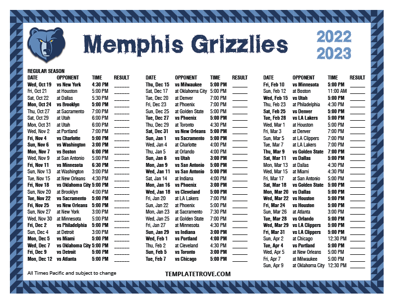 Printable 20222023 Memphis Grizzlies Schedule