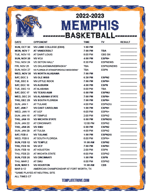 Memphis Tigers Basketball 2022-23 Printable Schedule - Central Times