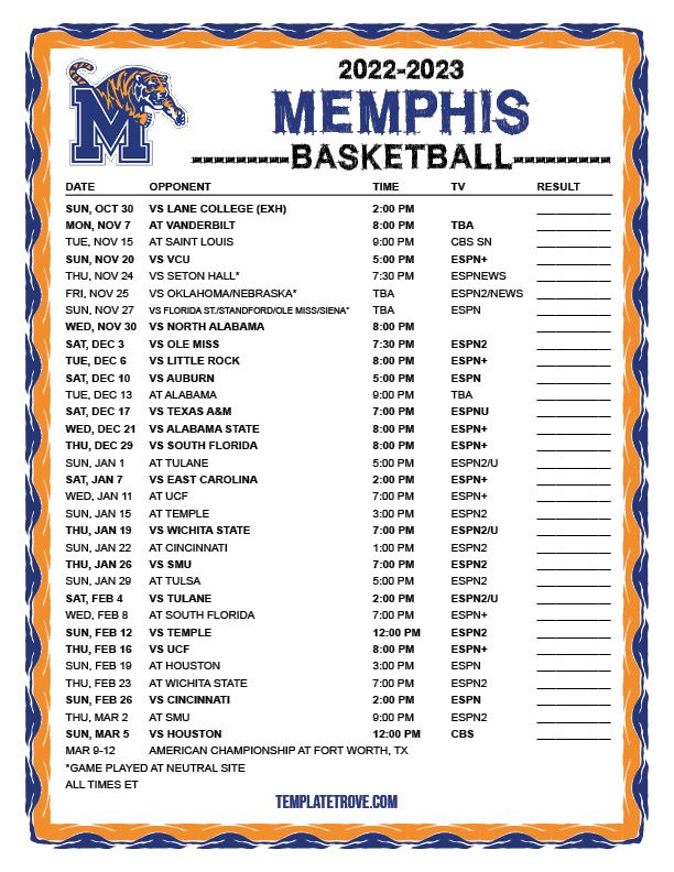 Printable 20222023 Memphis Tigers Basketball Schedule