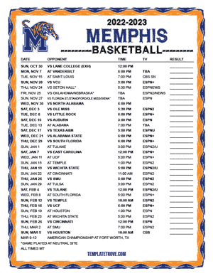 Memphis Tigers Basketball 2022-23 Printable Schedule - Mountain Times
