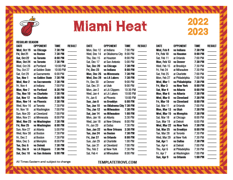 Printable 2022-2023 Miami Heat Schedule