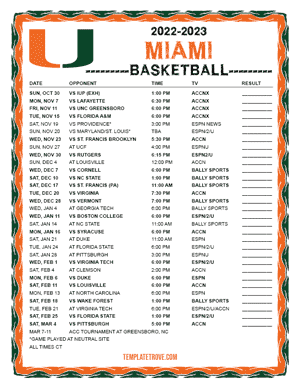 Miami Hurricanes Basketball 2022-23 Printable Schedule - Central Times