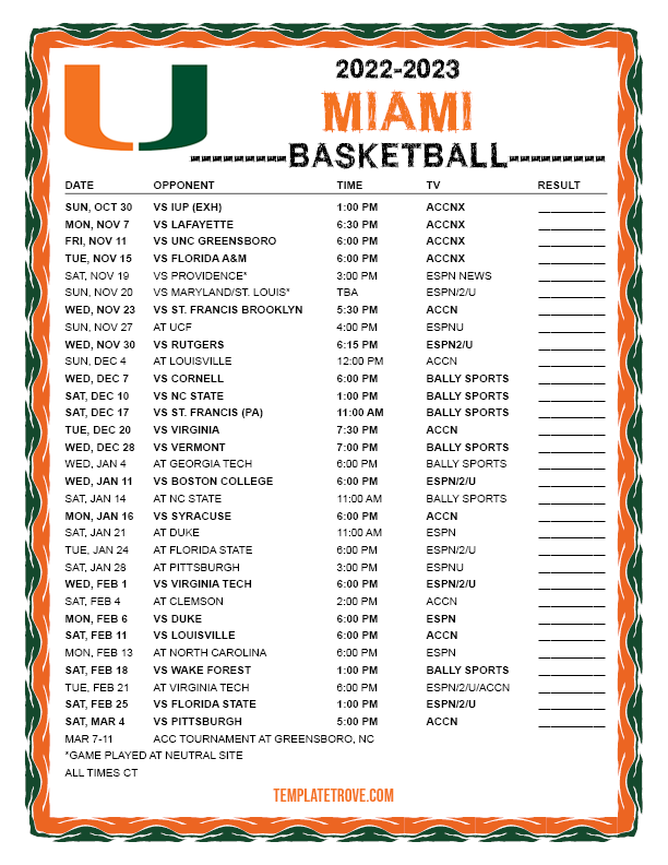Printable 2022-2023 Miami Hurricanes Basketball Schedule