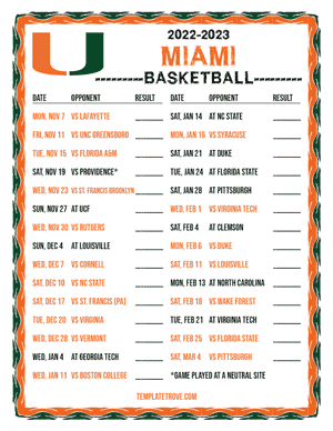 2022-23 Printable Miami Hurricanes Basketball Schedule