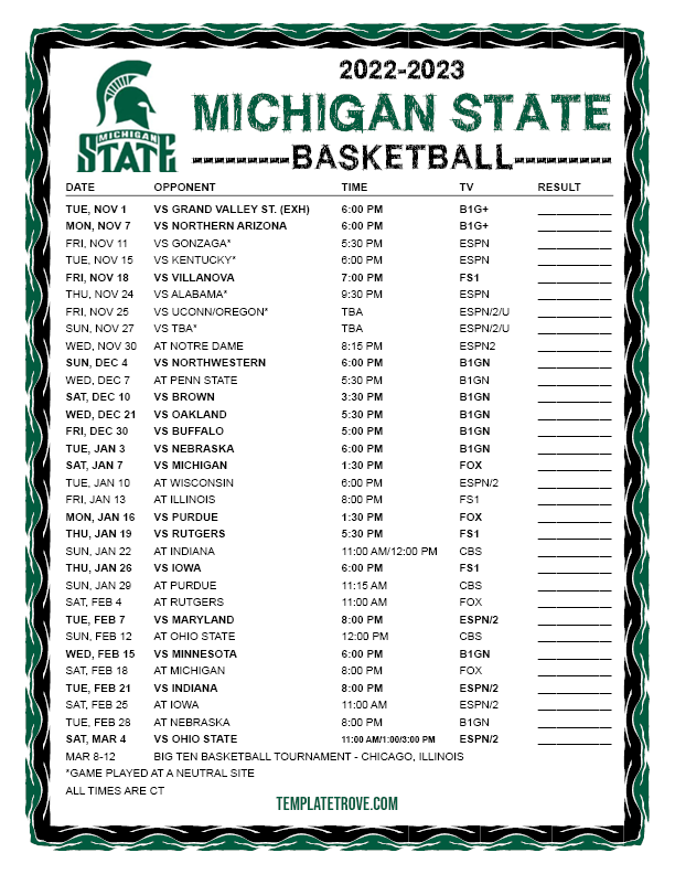 Printable 20222023 Michigan State Spartans Basketball Schedule