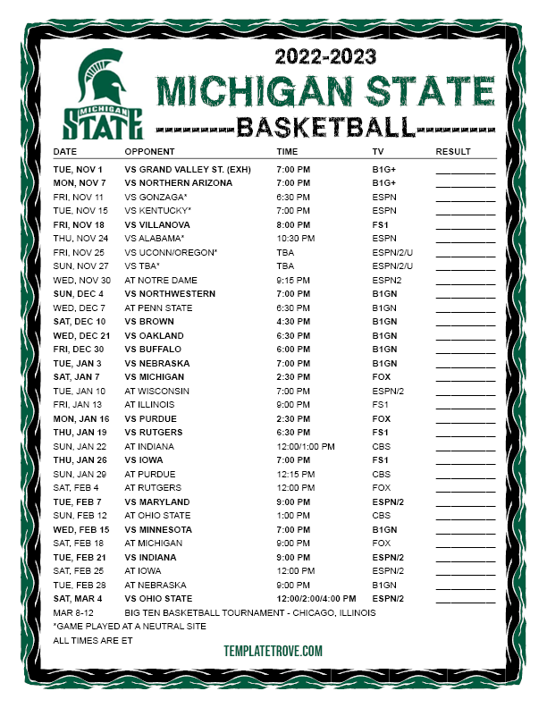 Msu Spartans Basketball Schedule Printable