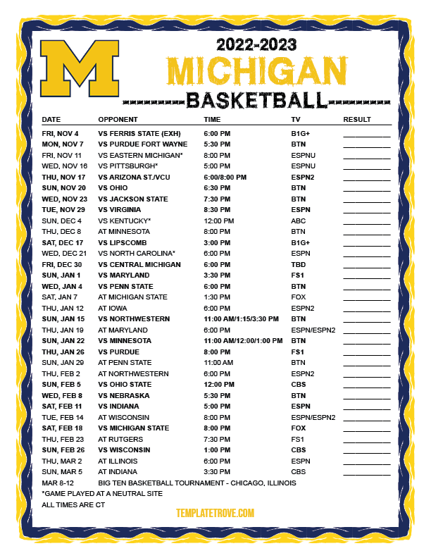 Printable 20222023 Michigan Wolverines Basketball Schedule