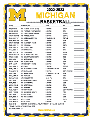 Michigan Wolverines Basketball 2022-23 Printable Schedule