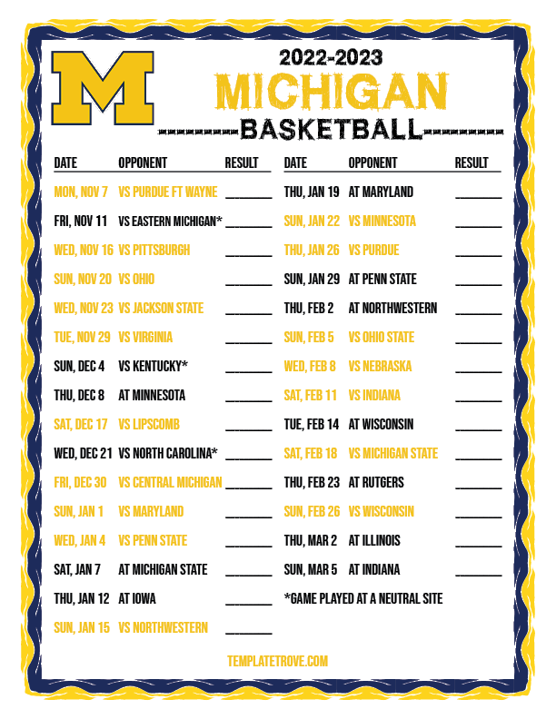 Michigan Football Printable Schedule