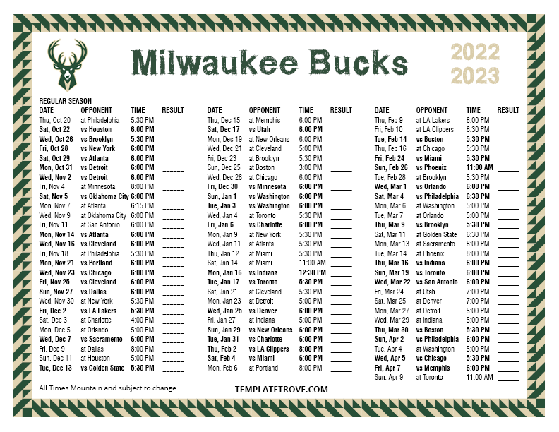 Printable 2022-2023 Milwaukee Bucks Schedule