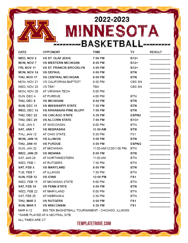 Printable 2022-2023 Minnesota Golden Gophers Basketball Schedule