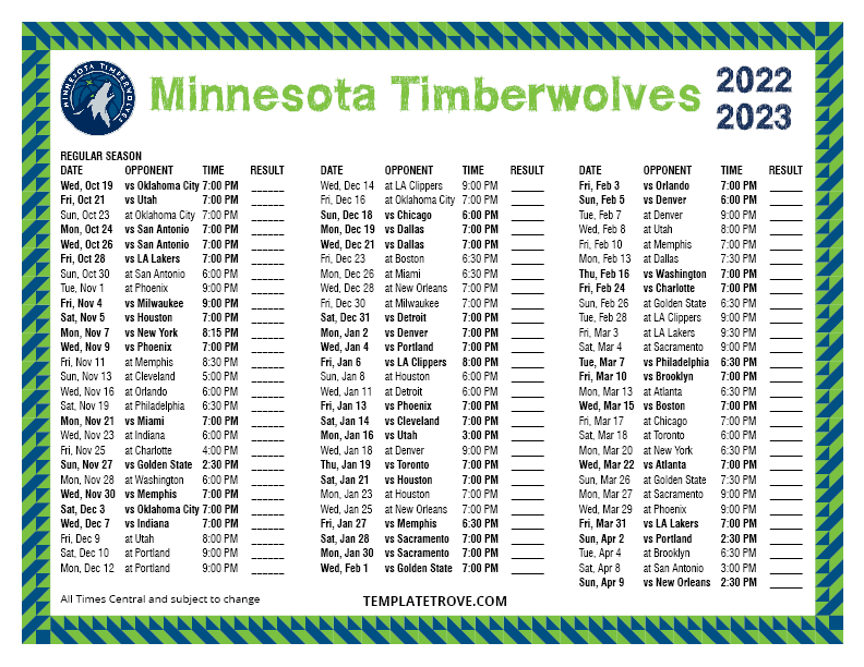 Printable 20222023 Minnesota Timberwolves Schedule